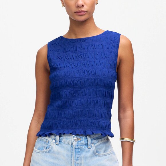 Madewell Smocked Cotton Linen Blend Ruffle Hem Boatneck Tank Blue Size XS NWT - Picture 1 of 8
